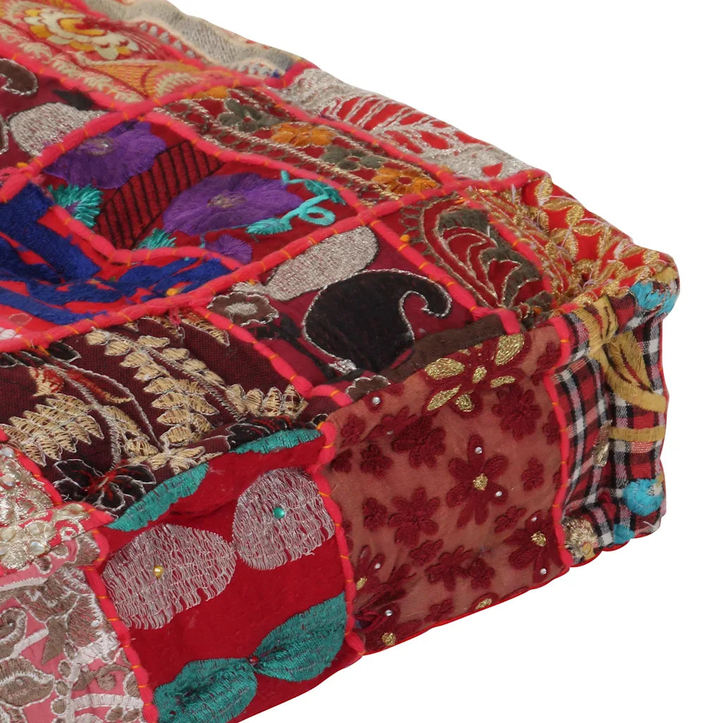 Puf med patchwork firkantet bomuld håndlavet 50 x 50 x 12 cm rød