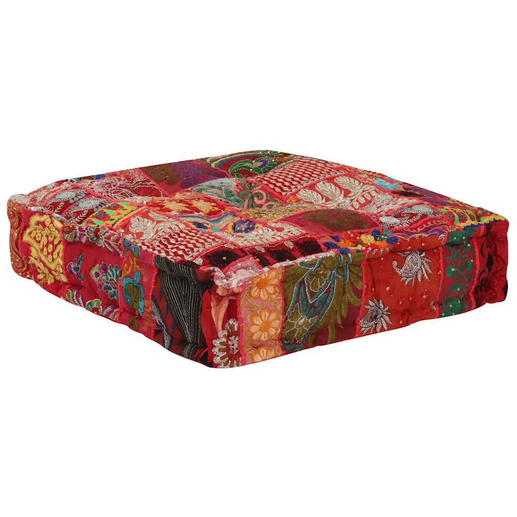 Puf med patchwork firkantet bomuld håndlavet 50 x 50 x 12 cm rød