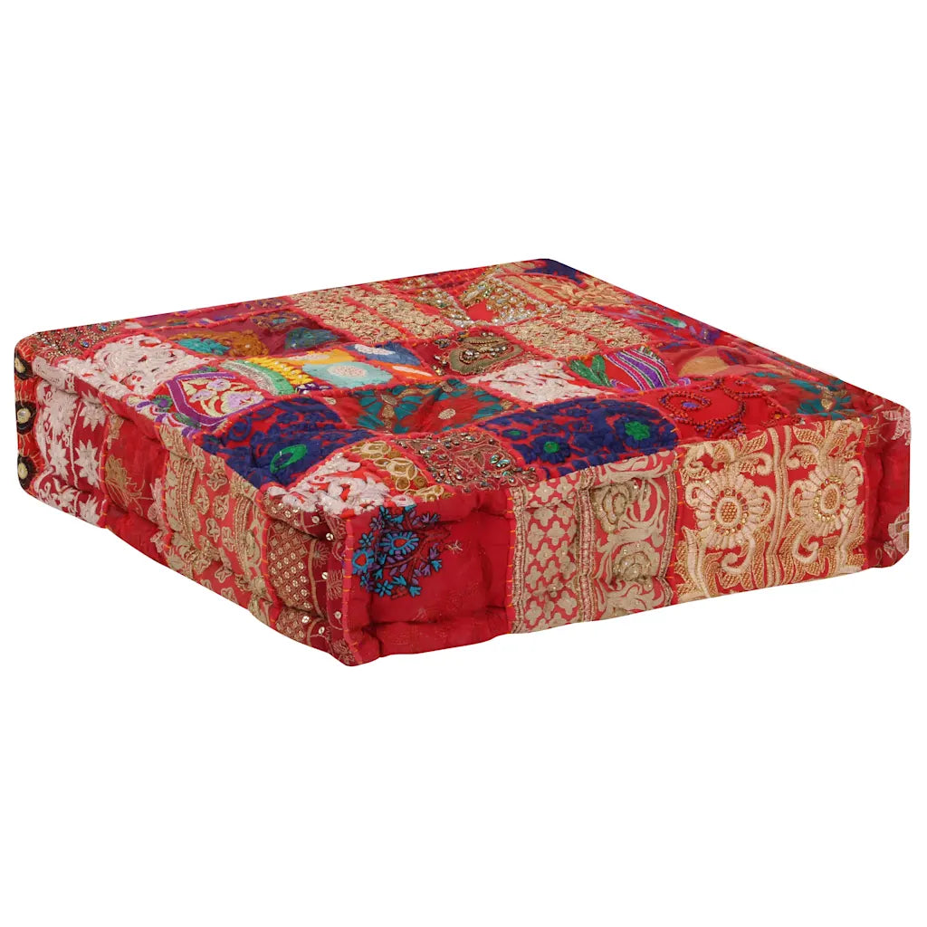 Puf med patchwork firkantet bomuld håndlavet 50 x 50 x 12 cm rød