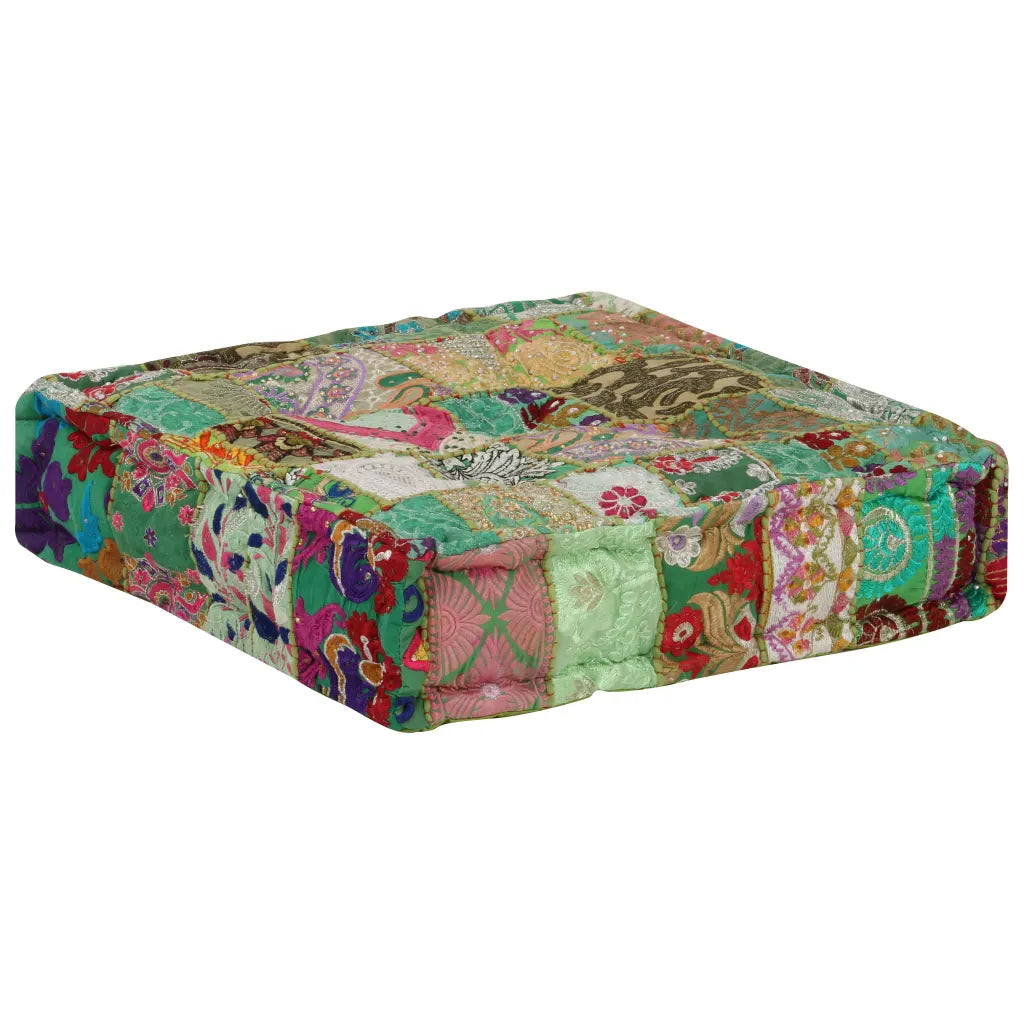 Puf med patchwork firkantet bomuld håndlavet 50 x 50 x 12 cm grøn