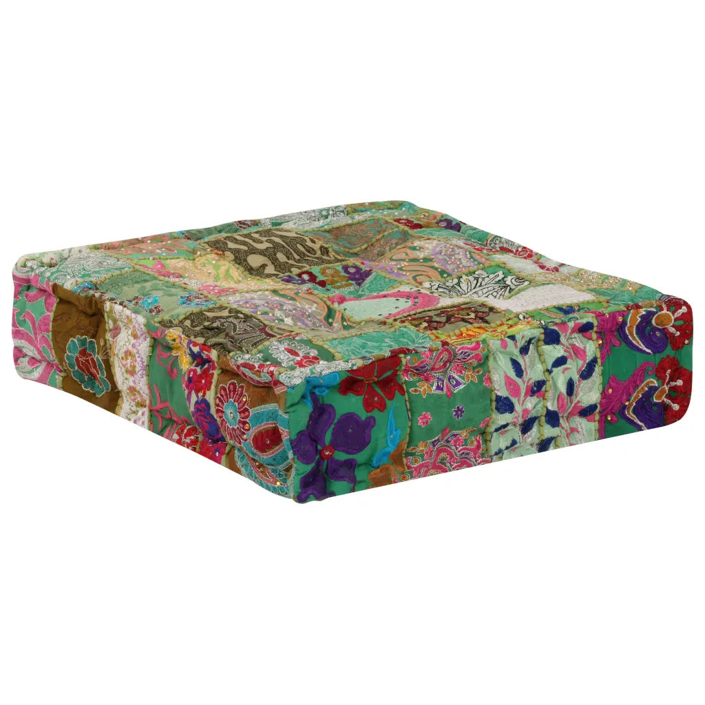 Puf med patchwork firkantet bomuld håndlavet 50 x 50 x 12 cm grøn