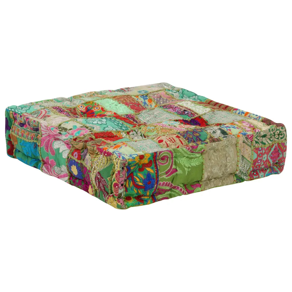 Puf med patchwork firkantet bomuld håndlavet 50 x 50 x 12 cm grøn