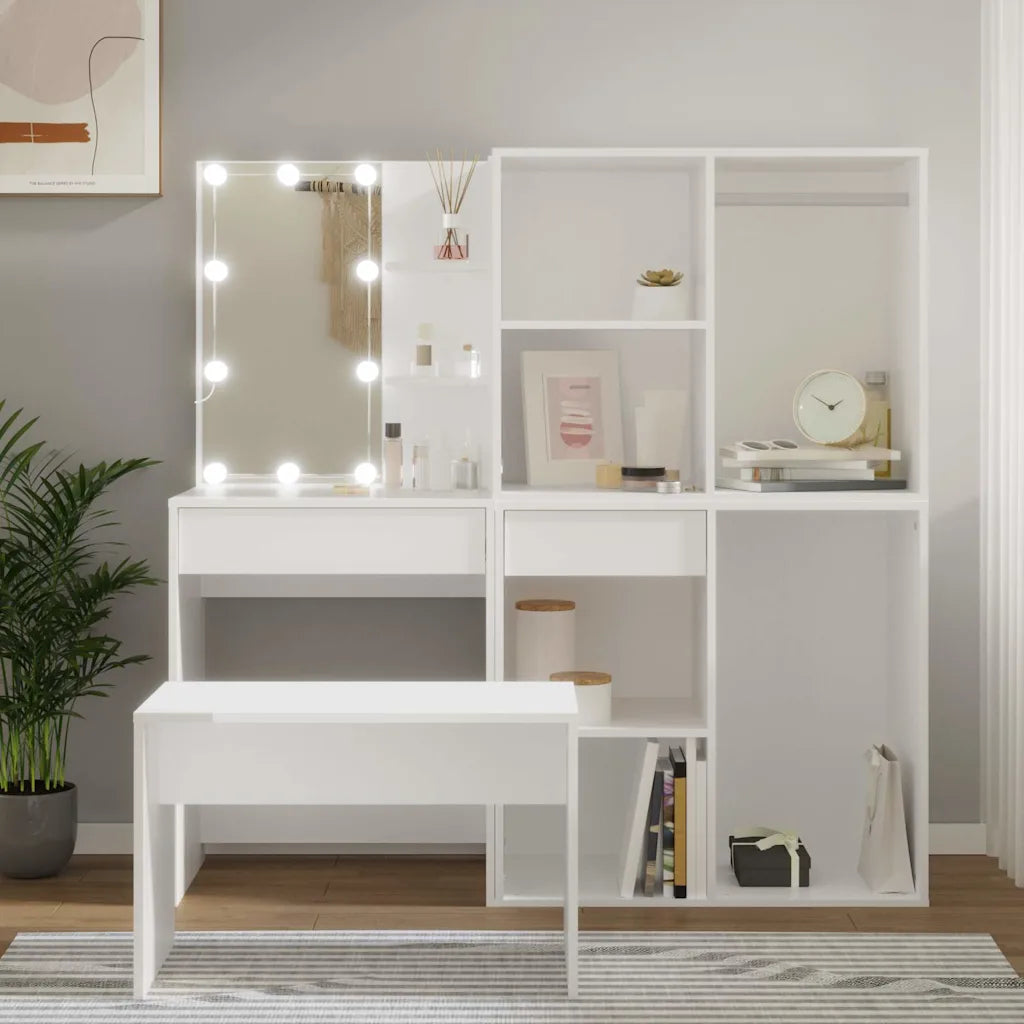 Makeupbordssæt med LED-lys konstrueret træ