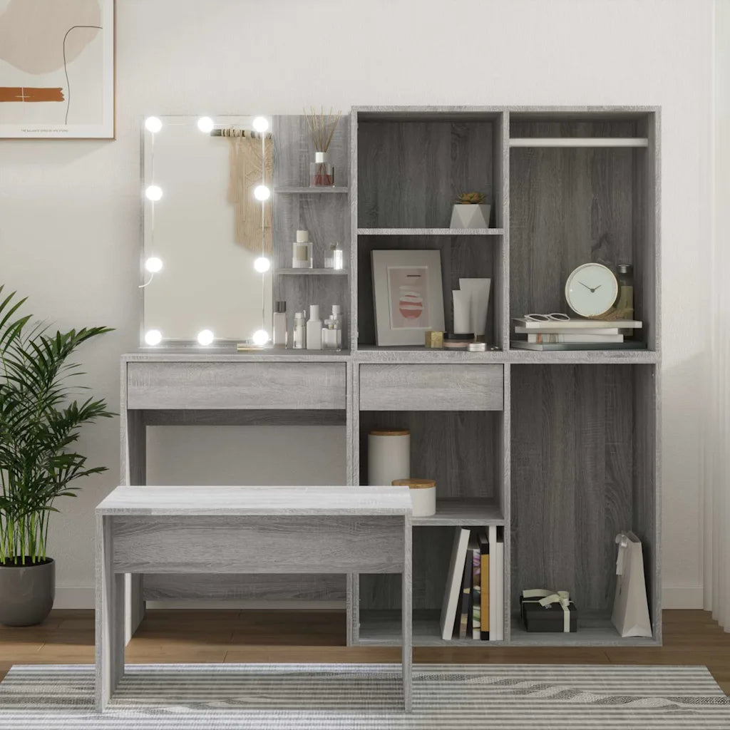 Makeupbordssæt med LED-lys konstrueret træ sonoma-eg