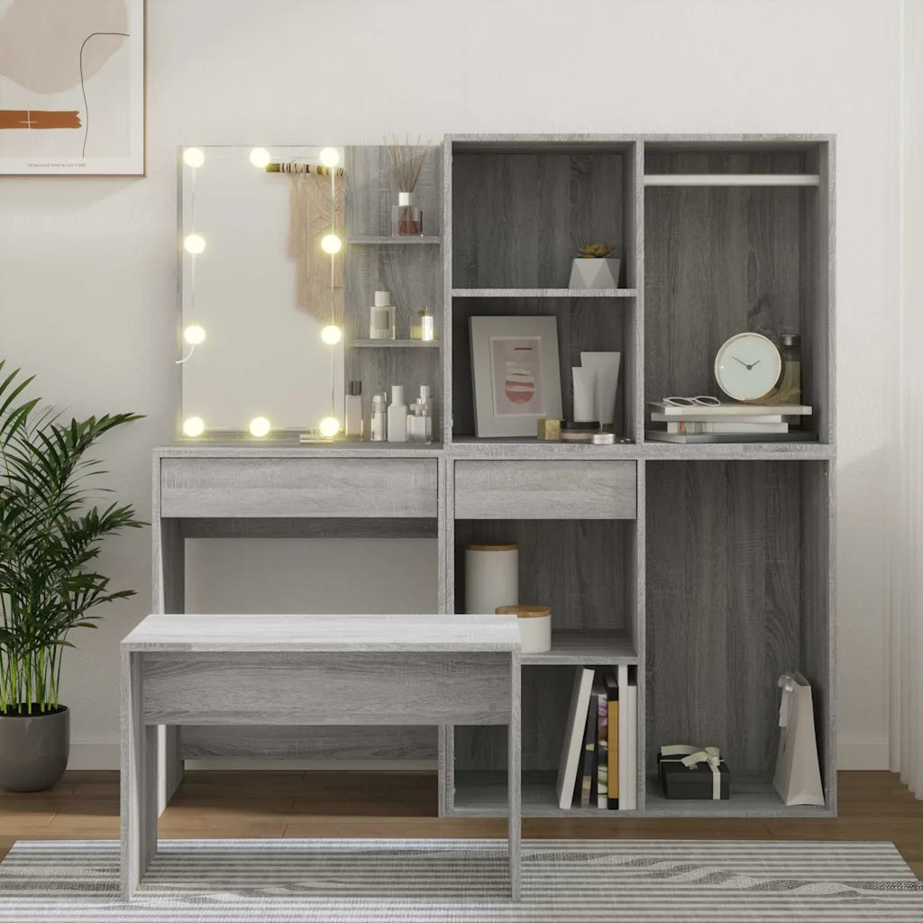 Makeupbordssæt med LED-lys konstrueret træ sonoma-eg