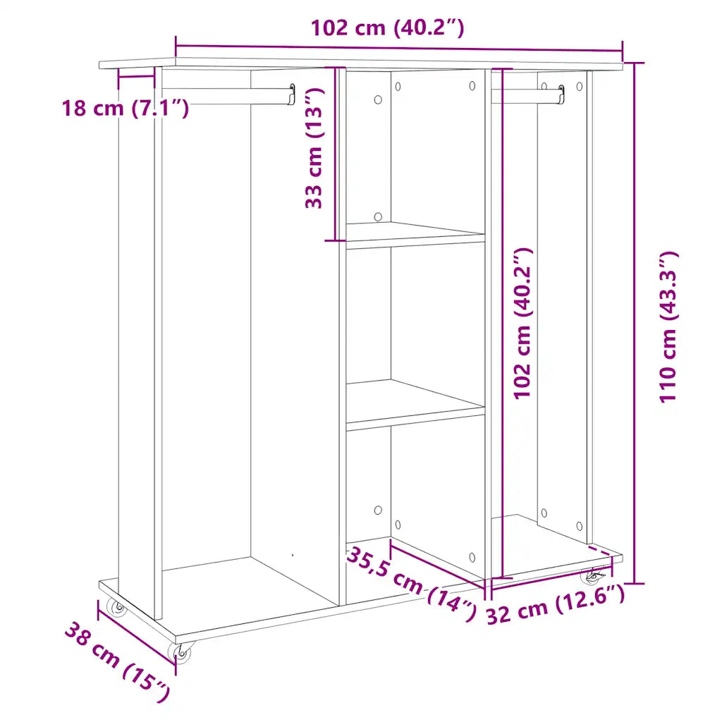 Klædeskab med hjul 102x38x110 cm konstrueret træ sonoma-eg