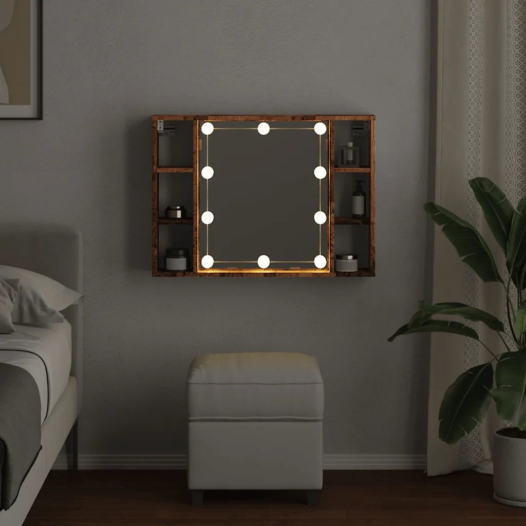 Spejlskab med LED-lys 76x15x55 cm konstrueret træ antikt træ