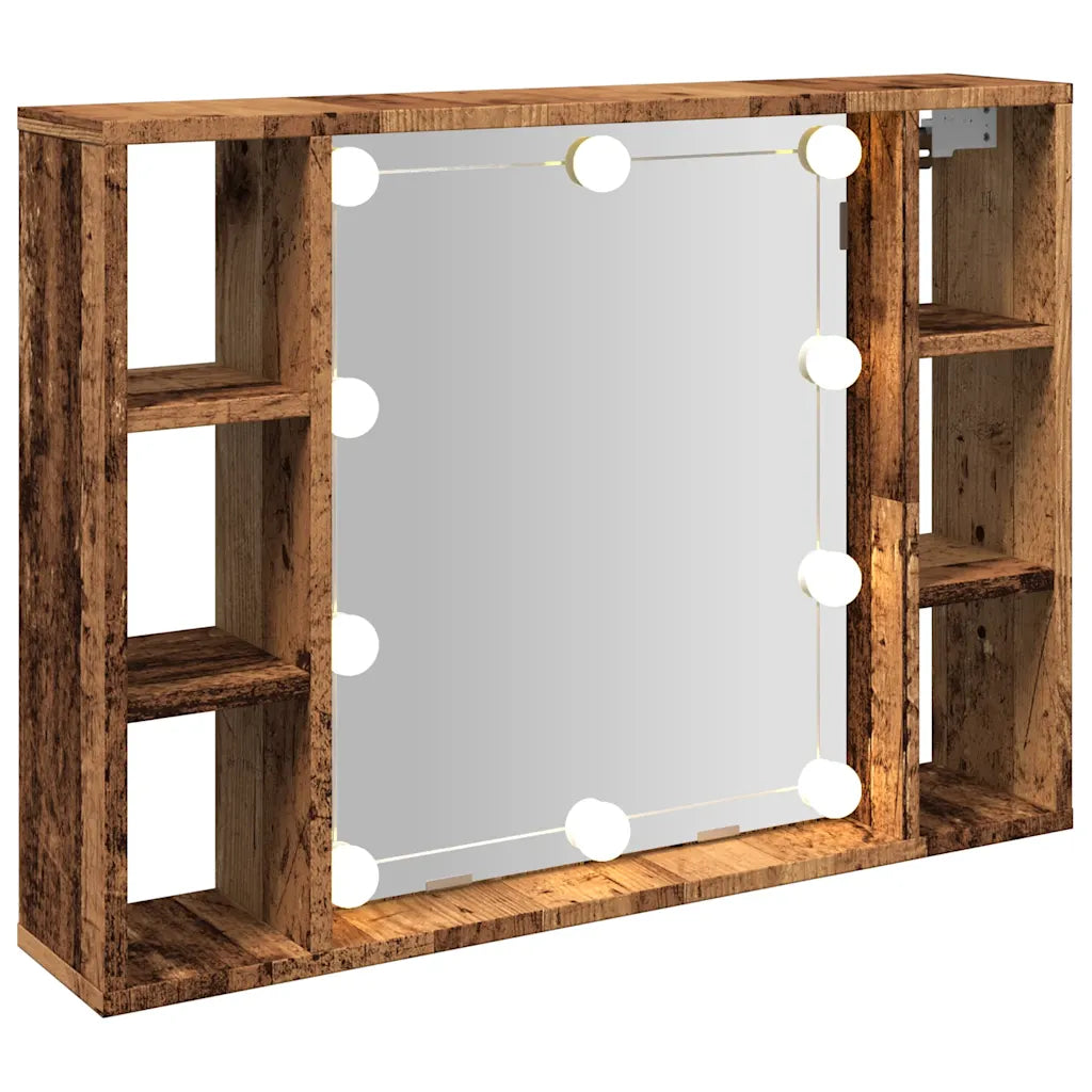 Spejlskab med LED-lys 76x15x55 cm konstrueret træ antikt træ