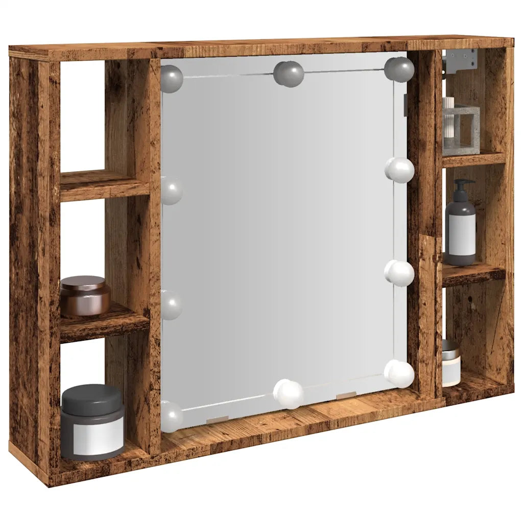 Spejlskab med LED-lys 76x15x55 cm konstrueret træ antikt træ