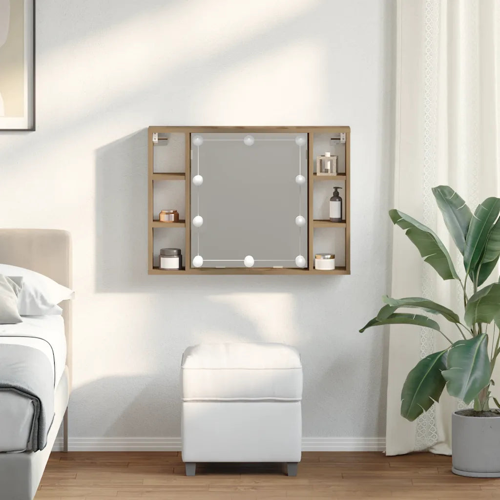Spejlskab med LED-lys 76x15x55 cm konstrueret træ kunsteg