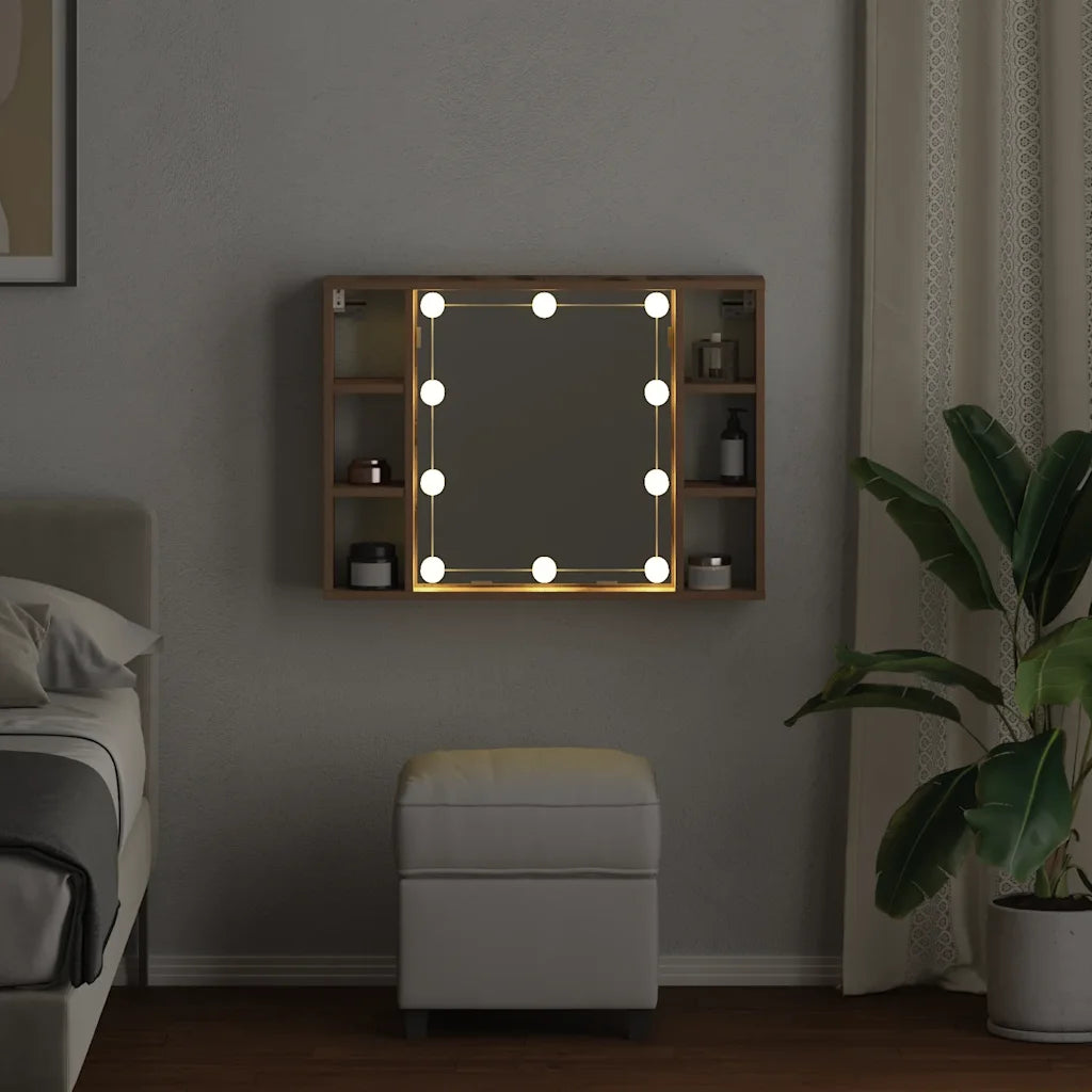 Spejlskab med LED-lys 76x15x55 cm konstrueret træ kunsteg
